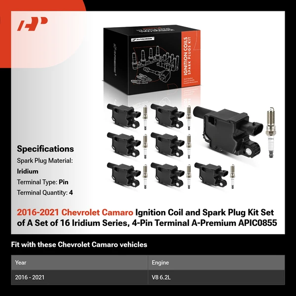 2016-2021 Chevrolet Camaro Ignition Coil and Spark Plug Kit Set of A Set of 16 Iridium Series, 4-Pin Terminal A-Premium APIC0855