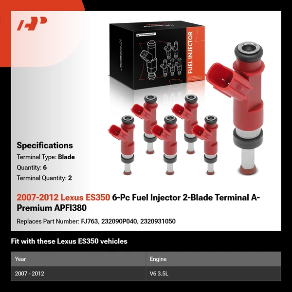 2007-2012 Lexus ES350 6-Pc Fuel Injector 2-Blade Terminal A-Premium APFI380