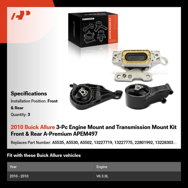 2010 Buick Allure 3-Pc Engine Mount and Transmission Mount Kit Front & Rear A-Premium APEM497