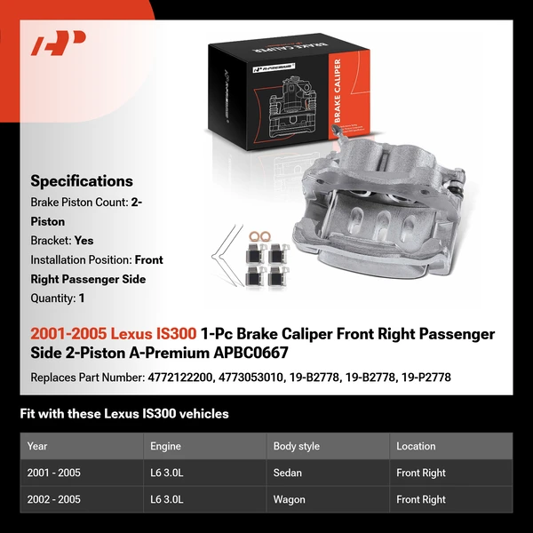 2001-2005 Lexus IS300 1-Pc Brake Caliper Front Right Passenger Side 2-Piston A-Premium APBC0667