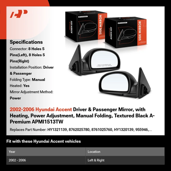 2002-2006 Hyundai Accent Driver & Passenger Mirror, with Heating, Power Adjustment, Manual Folding, Textured Black A-Premium APMI1513TW