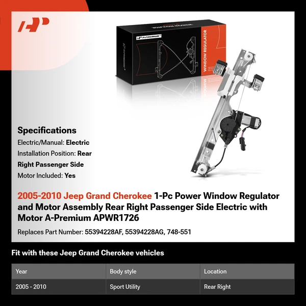 2005-2010 Jeep Grand Cherokee 1-Pc Power Window Regulator and Motor Assembly Rear Right Passenger Side Electric with Motor A-Premium APWR1726