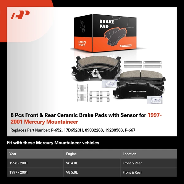 8 Pcs Front & Rear Ceramic Brake Pads with Sensor for 1997-2001 Mercury Mountaineer