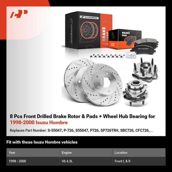 8 Pcs Front Drilled Brake Rotor & Pads + Wheel Hub Bearing for 1998-2000 Isuzu Hombre