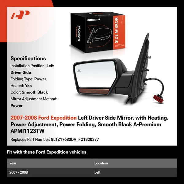 2007-2008 Ford Expedition Left Driver Side Mirror, with Heating, Power Adjustment, Power Folding, Smooth Black A-Premium APMI1123TW