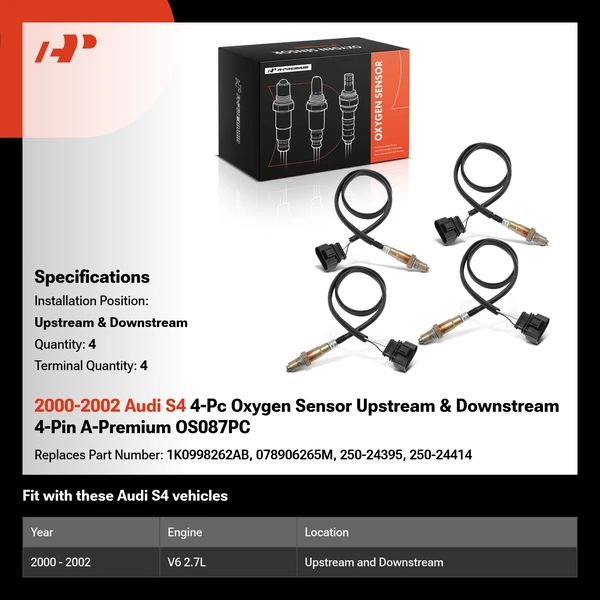 2000-2002 Audi S4 4-Pc Oxygen Sensor Upstream & Downstream 4-Pin A-Premium OS087PC
