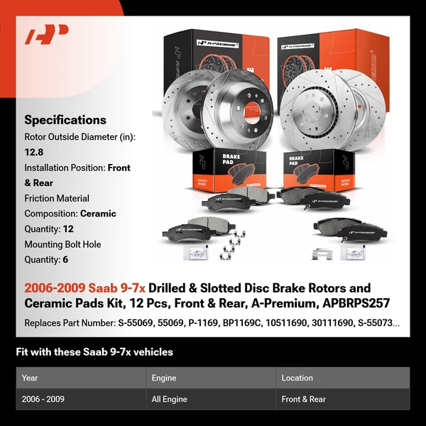 2006-2009 Saab 9-7x Drilled & Slotted Disc Brake Rotors and Ceramic Pads Kit, 12 Pcs, Front & Rear, A-Premium, APBRPS257