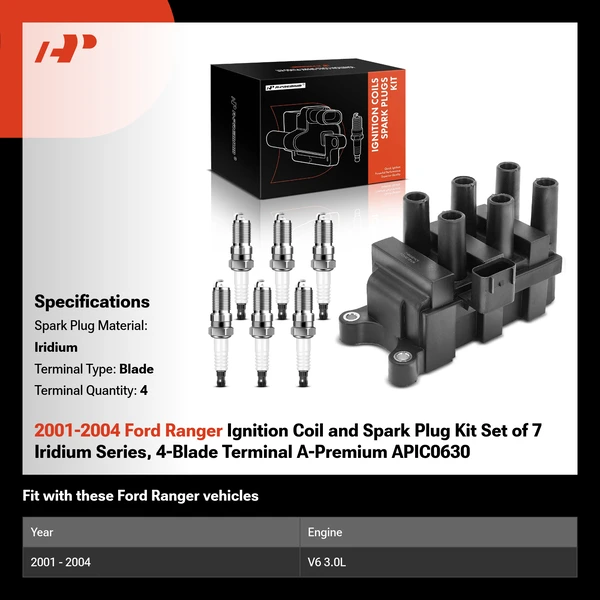 2001-2004 Ford Ranger Ignition Coil and Spark Plug Kit Set of 7 Iridium Series, 4-Blade Terminal A-Premium APIC0630