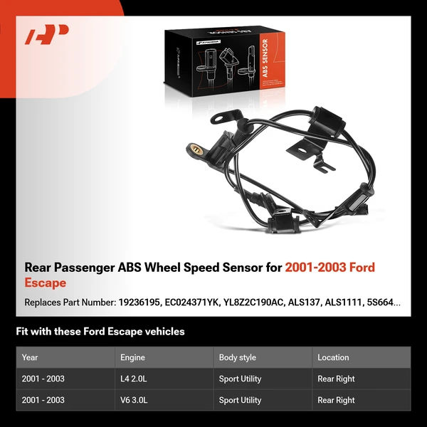 Rear Passenger ABS Wheel Speed Sensor for 2001-2003 Ford Escape
