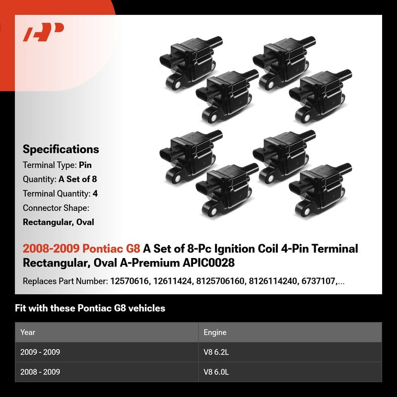 2008-2009 Pontiac G8 A Set of 8-Pc Ignition Coil 4-Pin Terminal Rectangular, Oval A-Premium APIC0028
