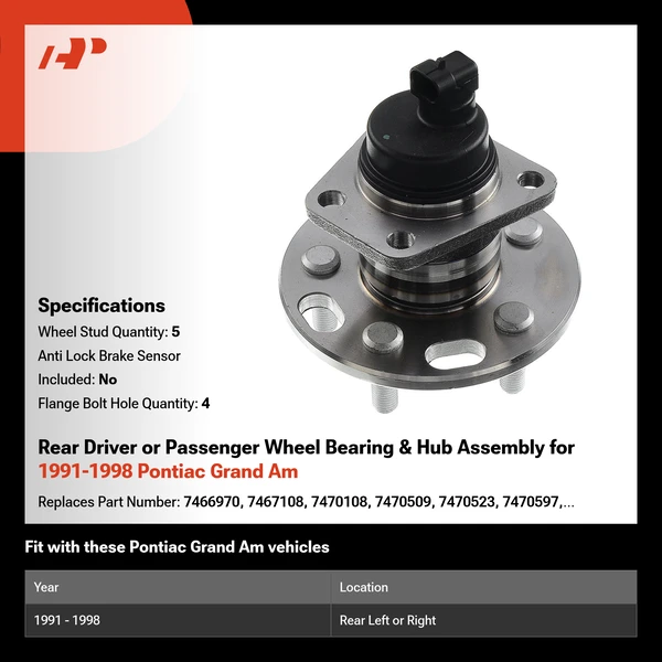 Rear Driver or Passenger Wheel Bearing & Hub Assembly for 1991-1998 Pontiac Grand Am