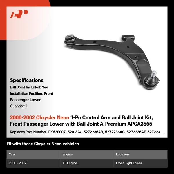 2000-2002 Chrysler Neon 1-Pc Control Arm and Ball Joint Kit, Front Passenger Lower with Ball Joint A-Premium APCA3565