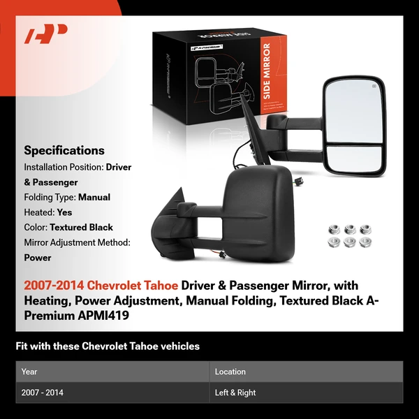 2007-2014 Chevrolet Tahoe Driver & Passenger Mirror, with Heating, Power Adjustment, Manual Folding, Textured Black A-Premium APMI419