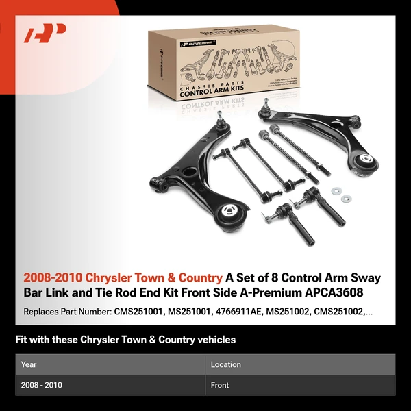 2008-2010 Chrysler Town & Country A Set of 8 Control Arm Sway Bar Link and Tie Rod End Kit Front Side A-Premium APCA3608