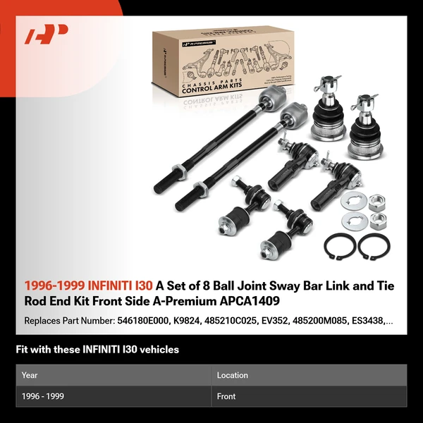 1996-1999 INFINITI I30 A Set of 8 Ball Joint Sway Bar Link and Tie Rod End Kit Front Side A-Premium APCA1409