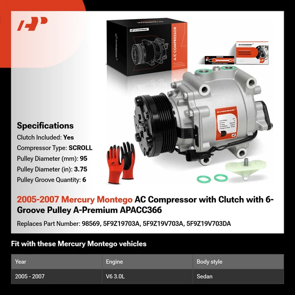 2005-2007 Mercury Montego AC Compressor with Clutch with 6-Groove Pulley A-Premium APACC366