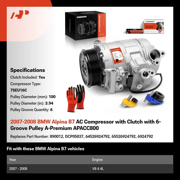 2007-2008 BMW Alpina B7 AC Compressor with Clutch with 6-Groove Pulley A-Premium APACC800