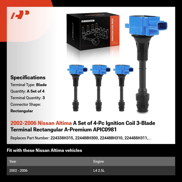 2002-2006 Nissan Altima A Set of 4-Pc Ignition Coil 3-Blade Terminal Rectangular A-Premium APIC0981