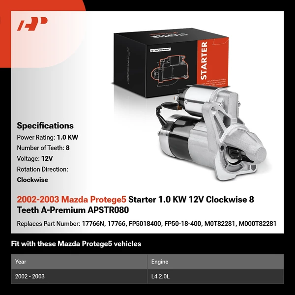 2002-2003 Mazda Protege5 Starter 1.0 KW 12V Clockwise 8 Teeth A-Premium APSTR080