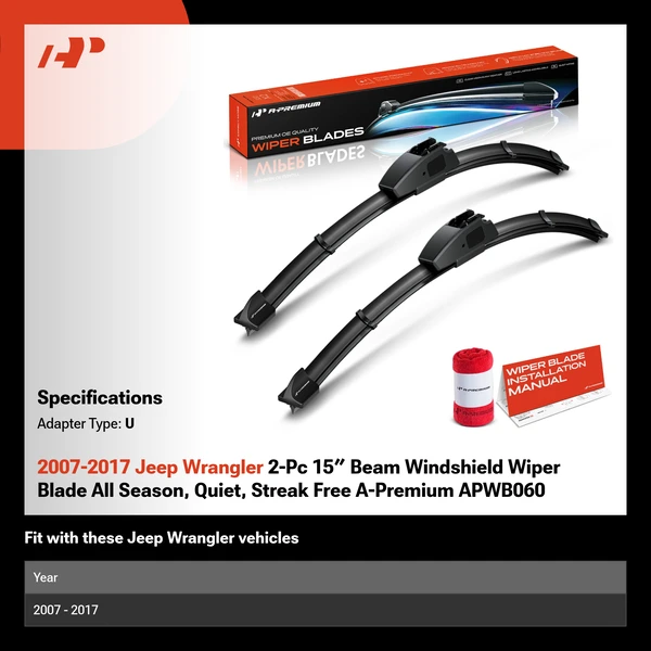 2007-2017 Jeep Wrangler 2-Pc 15″ Beam Windshield Wiper Blade All Season, Quiet, Streak Free A-Premium APWB060