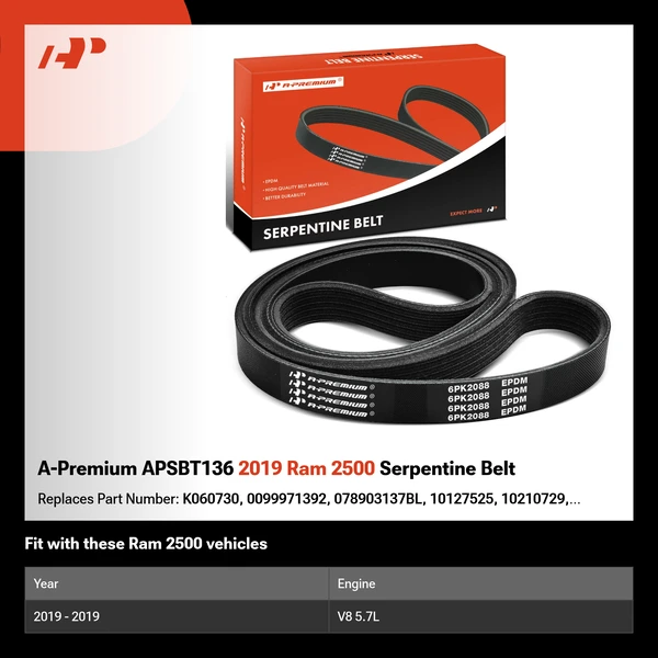 A-Premium APSBT136 2019 Ram 2500 Serpentine Belt