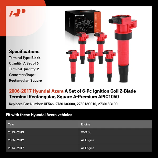2006-2017 Hyundai Azera A Set of 6-Pc Ignition Coil 2-Blade Terminal Rectangular, Square A-Premium APIC1050