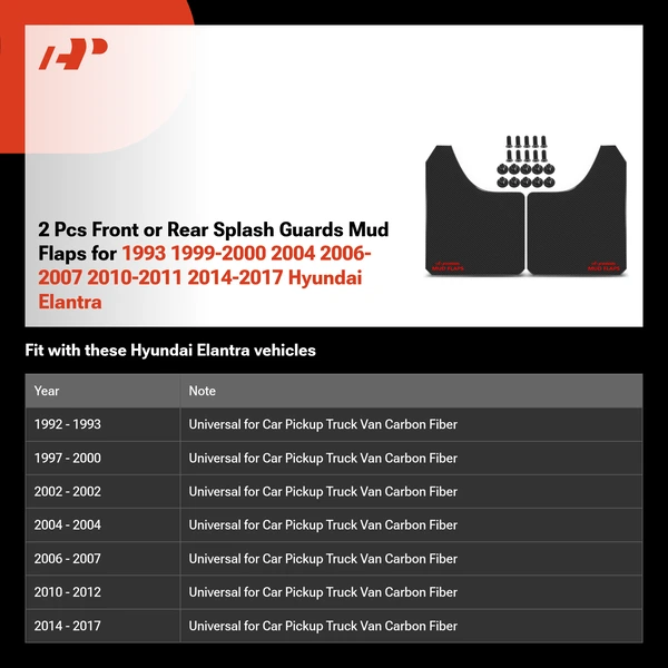 2 Pcs Front or Rear Splash Guards Mud Flaps for 1993 1999-2000 2004 2006-2007 2010-2011 2014-2017 Hyundai Elantra
