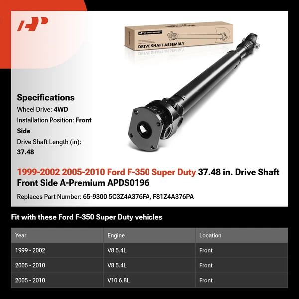 1999-2002 2005-2010 Ford F-350 Super Duty 37.48 in. Drive Shaft Front Side A-Premium APDS0196