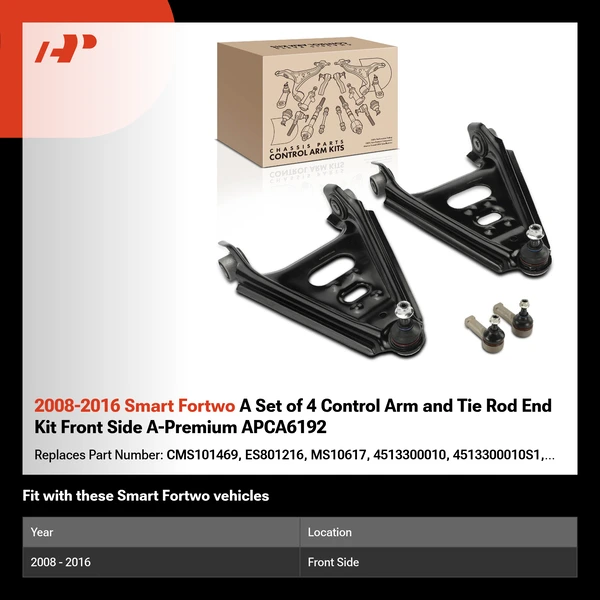 2008-2016 Smart Fortwo A Set of 4 Control Arm and Tie Rod End Kit Front Side A-Premium APCA6192