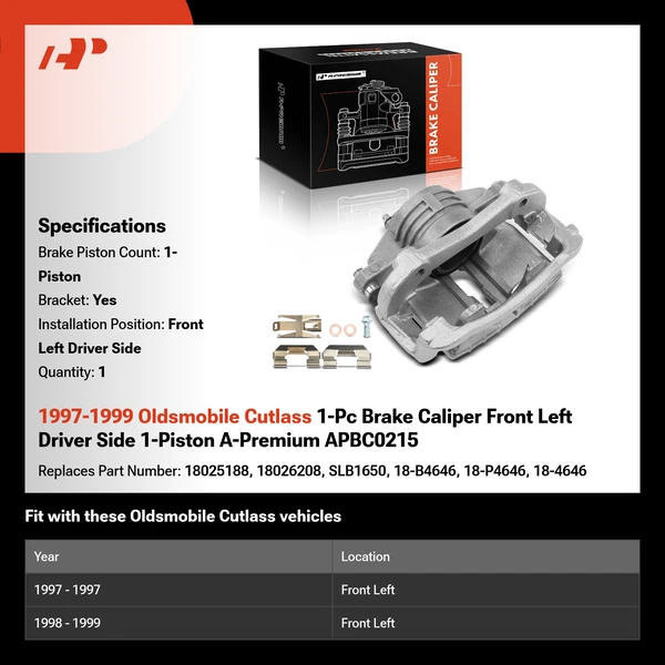 1997-1999 Oldsmobile Cutlass 1-Pc Brake Caliper Front Left Driver Side 1-Piston A-Premium APBC0215