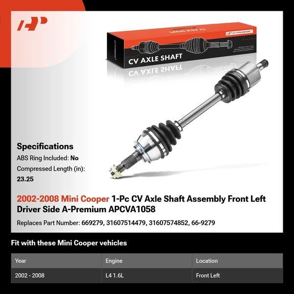 2002-2008 Mini Cooper 1-Pc CV Axle Shaft Assembly Front Left Driver Side A-Premium APCVA1058