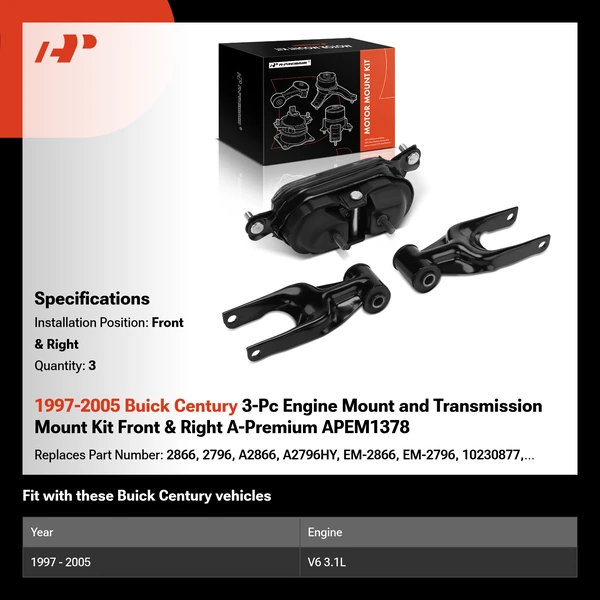 1997-2005 Buick Century 3-Pc Engine Mount and Transmission Mount Kit Front & Right A-Premium APEM1378