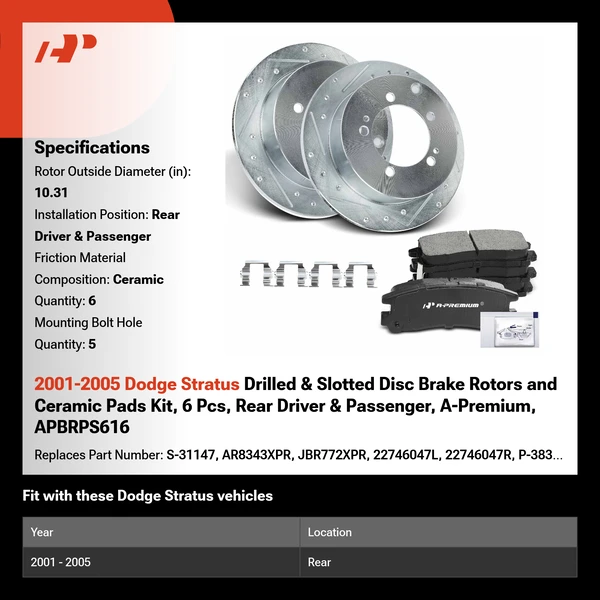 2001-2005 Dodge Stratus Drilled & Slotted Disc Brake Rotors and Ceramic Pads Kit, 6 Pcs, Rear Driver & Passenger, A-Premium, APBRPS616