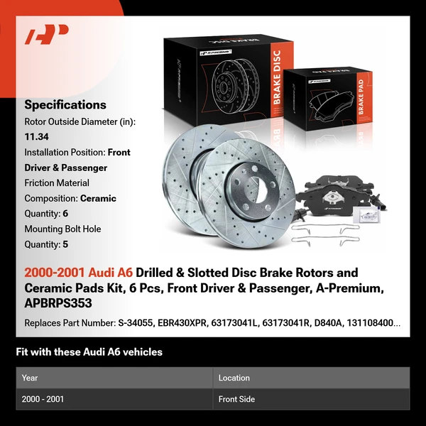 2000-2001 Audi A6 Drilled & Slotted Disc Brake Rotors and Ceramic Pads Kit, 6 Pcs, Front Driver & Passenger, A-Premium, APBRPS353