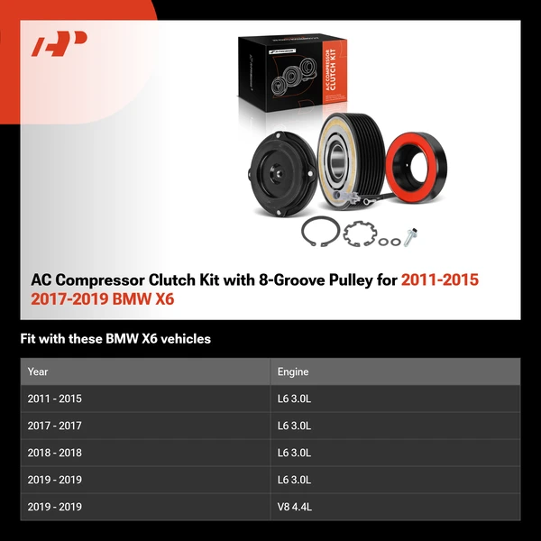 AC Compressor Clutch Kit with 8-Groove Pulley for 2011-2015 2017-2019 BMW X6