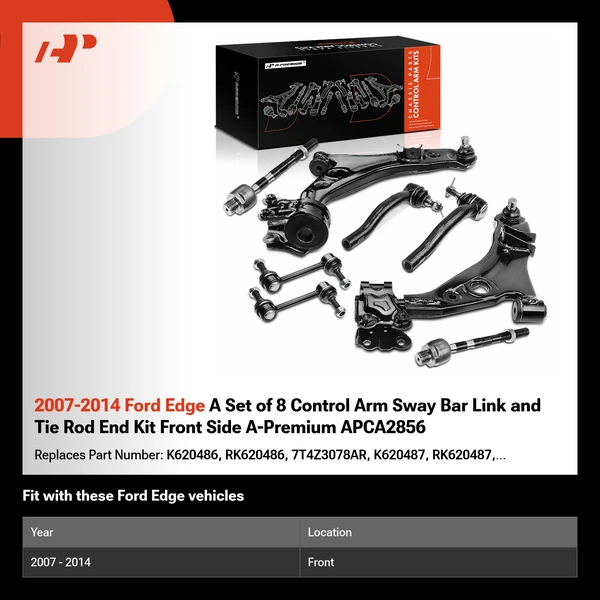 2007-2014 Ford Edge A Set of 8 Control Arm Sway Bar Link and Tie Rod End Kit Front Side A-Premium APCA2856