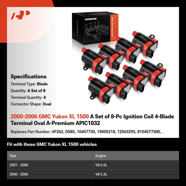 2000-2006 GMC Yukon XL 1500 A Set of 8-Pc Ignition Coil 4-Blade Terminal Oval A-Premium APIC1032