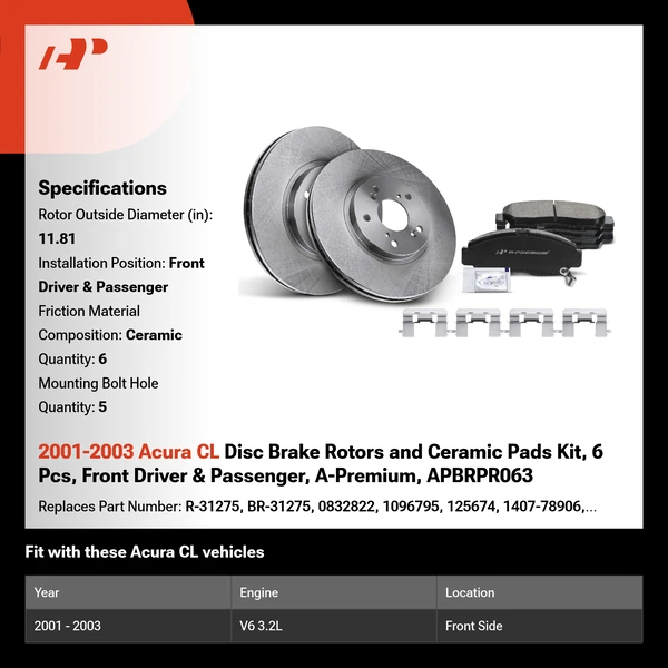 2001-2003 Acura CL Disc Brake Rotors and Ceramic Pads Kit, 6 Pcs, Front Driver & Passenger, A-Premium, APBRPR063
