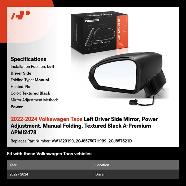 2022-2024 Volkswagen Taos Left Driver Side Mirror, Power Adjustment, Manual Folding, Textured Black A-Premium APMI2478