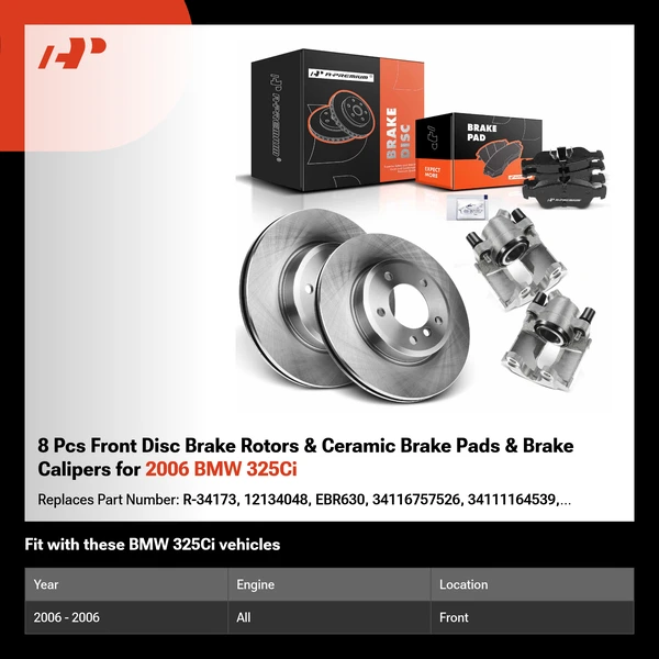 8 Pcs Front Disc Brake Rotors & Ceramic Brake Pads & Brake Calipers for 2006 BMW 325Ci