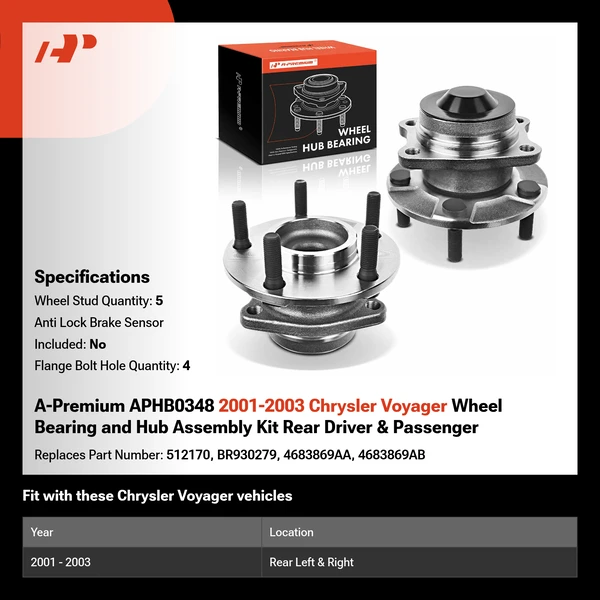 A-Premium APHB0348 2001-2003 Chrysler Voyager Wheel Bearing and Hub Assembly Kit Rear Driver & Passenger