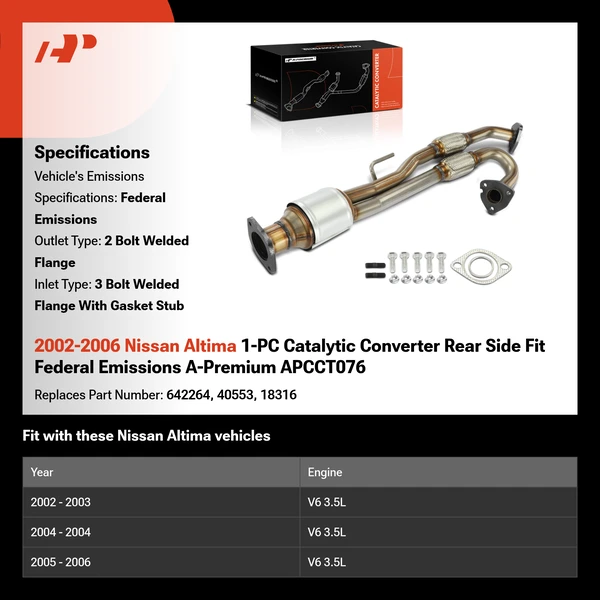2002-2006 Nissan Altima 1-PC Catalytic Converter Rear Side Fit Federal Emissions A-Premium APCCT076
