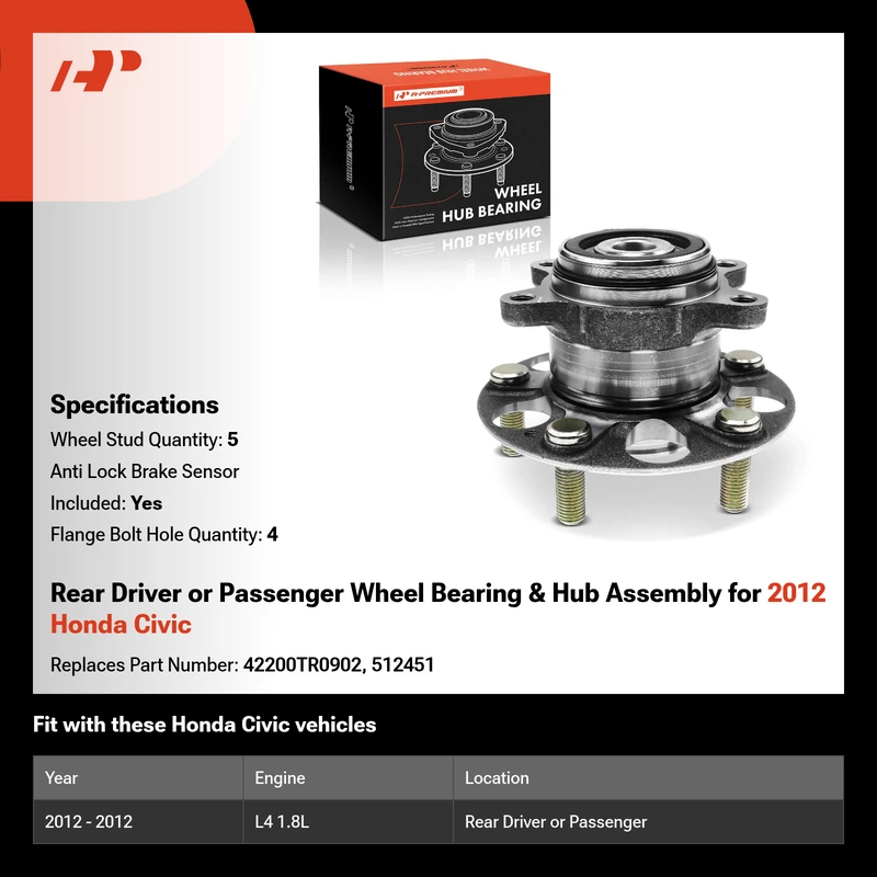 Rear Driver or Passenger Wheel Bearing & Hub Assembly for 2012 Honda Civic