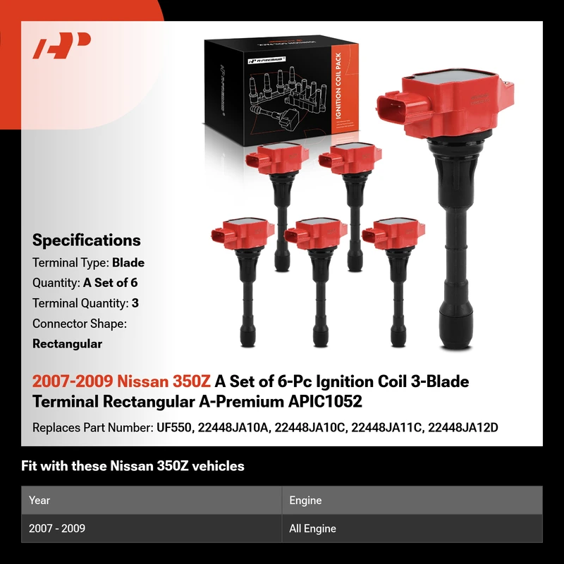 2007-2009 Nissan 350Z A Set of 6-Pc Ignition Coil 3-Blade Terminal Rectangular A-Premium APIC1052