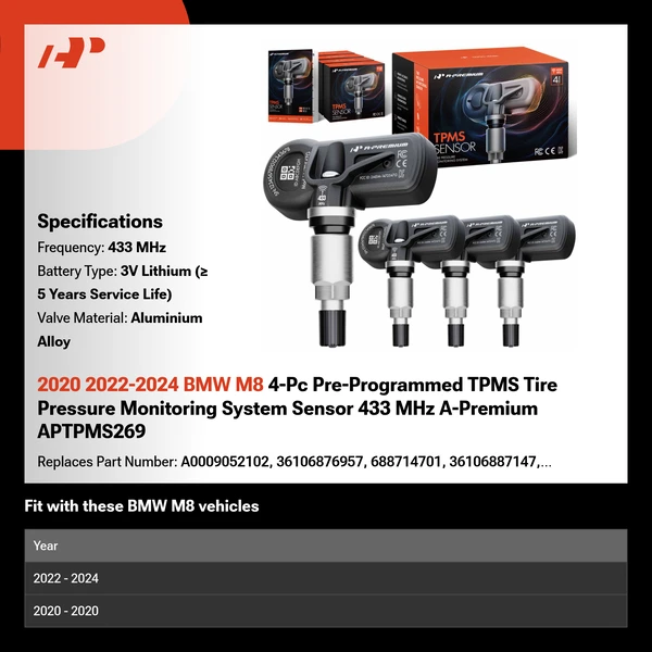 2020 2022-2024 BMW M8 4-Pc Pre-Programmed TPMS Tire Pressure Monitoring System Sensor 433 MHz A-Premium APTPMS269