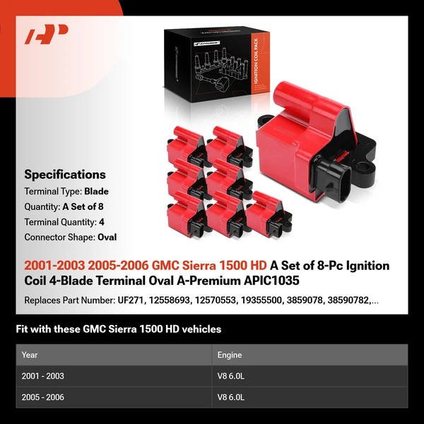 2001-2003 2005-2006 GMC Sierra 1500 HD A Set of 8-Pc Ignition Coil 4-Blade Terminal Oval A-Premium APIC1035