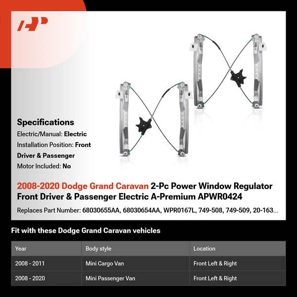 2008-2020 Dodge Grand Caravan 2-Pc Power Window Regulator Front Driver & Passenger Electric A-Premium APWR0424