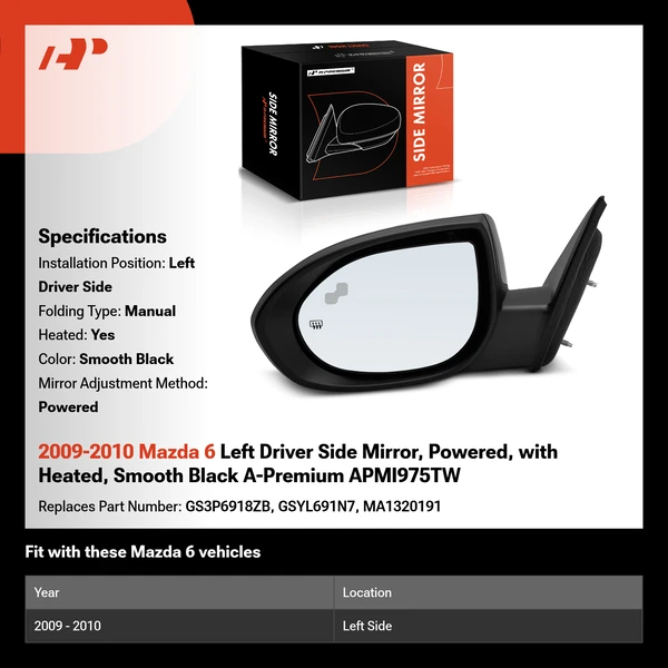 2009-2010 Mazda 6 Left Driver Side Mirror, Powered, with Heated, Smooth Black A-Premium APMI975TW