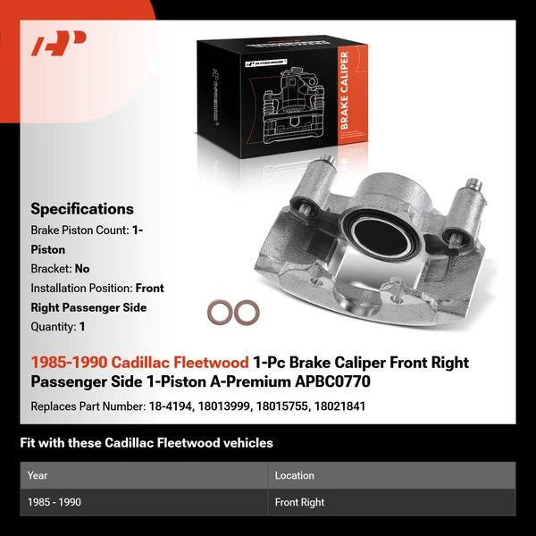 1985-1990 Cadillac Fleetwood 1-Pc Brake Caliper Front Right Passenger Side 1-Piston A-Premium APBC0770
