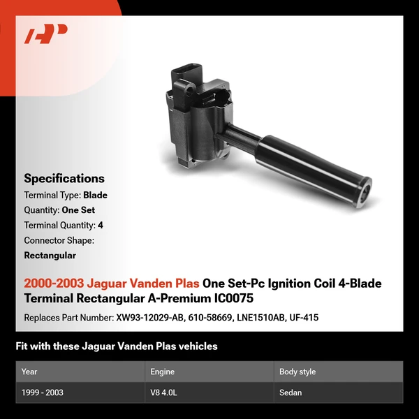 2000-2003 Jaguar Vanden Plas One Set-Pc Ignition Coil 4-Blade Terminal Rectangular A-Premium IC0075